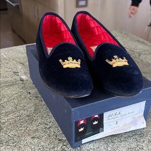 Vintage BERK Navy Velvet Loafers with Gold Embroidery 5